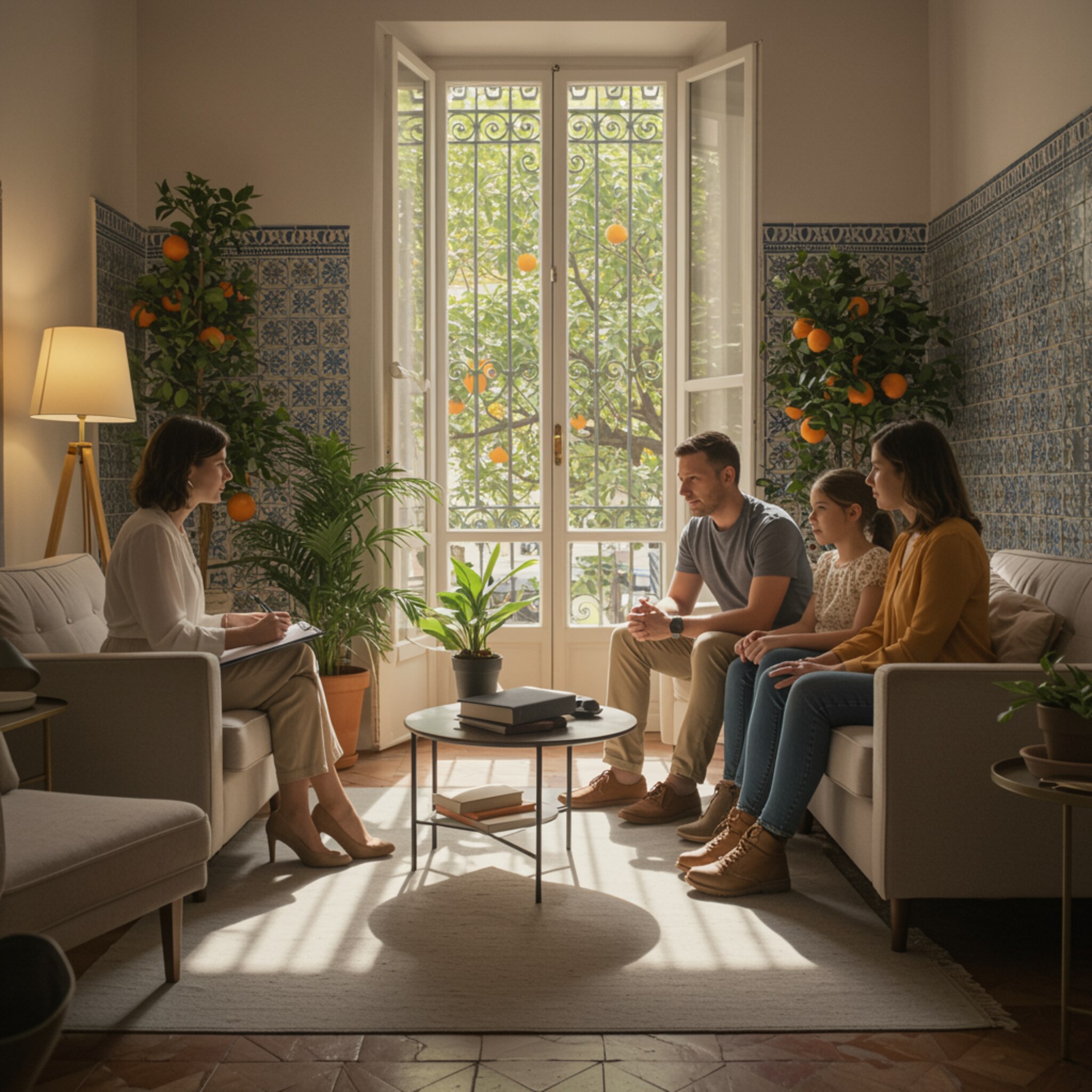 imagen1 1 2 "Sesión de terapia en un moderno consultorio en Sevilla, con psicóloga y clientes en un ambiente acogedor que refleja confianza y apoyo emocional."