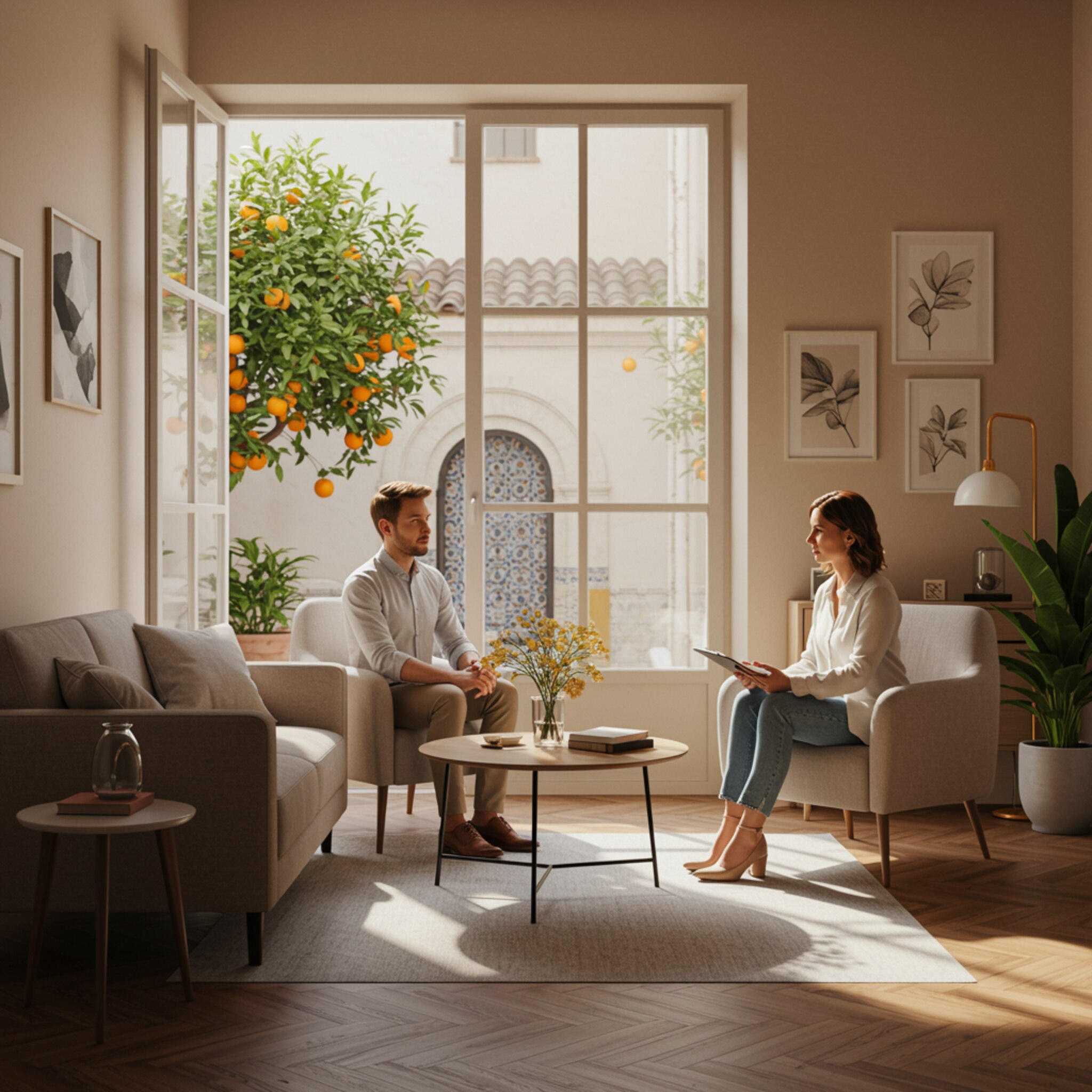 imagen1 1 3 "Ilustración digital realista de una oficina de terapia psicológica moderna en Sevilla, con luz matutina, decorada con plantas y muebles minimalistas, donde una psicóloga acompaña a una pareja joven en un ambiente sereno y profesional."