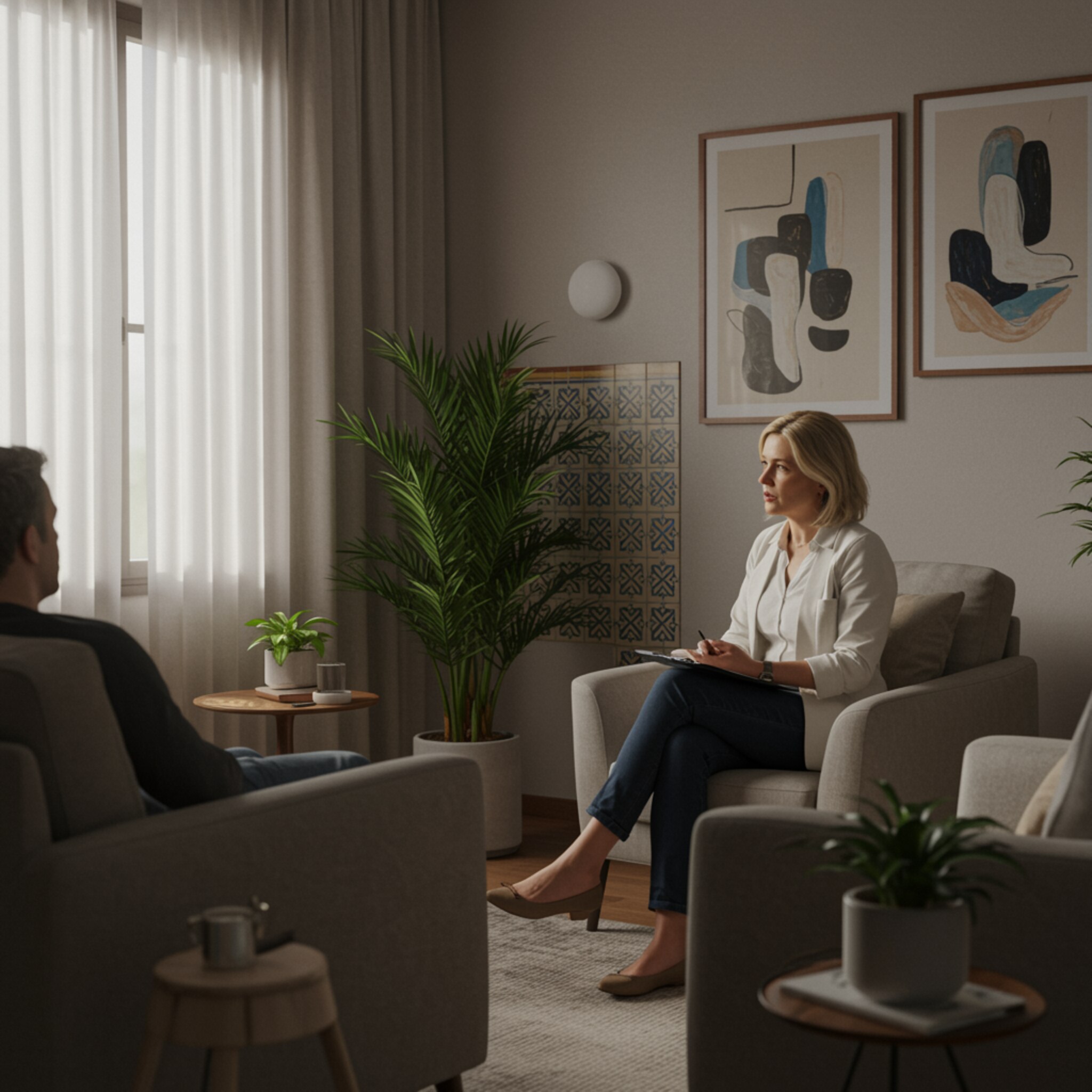 imagen1 1 4 "Ilustración digital de una acogedora sala de terapia en Sevilla, con una psicóloga escuchando atentamente a su cliente, en un ambiente cálido y lleno de luz natural."