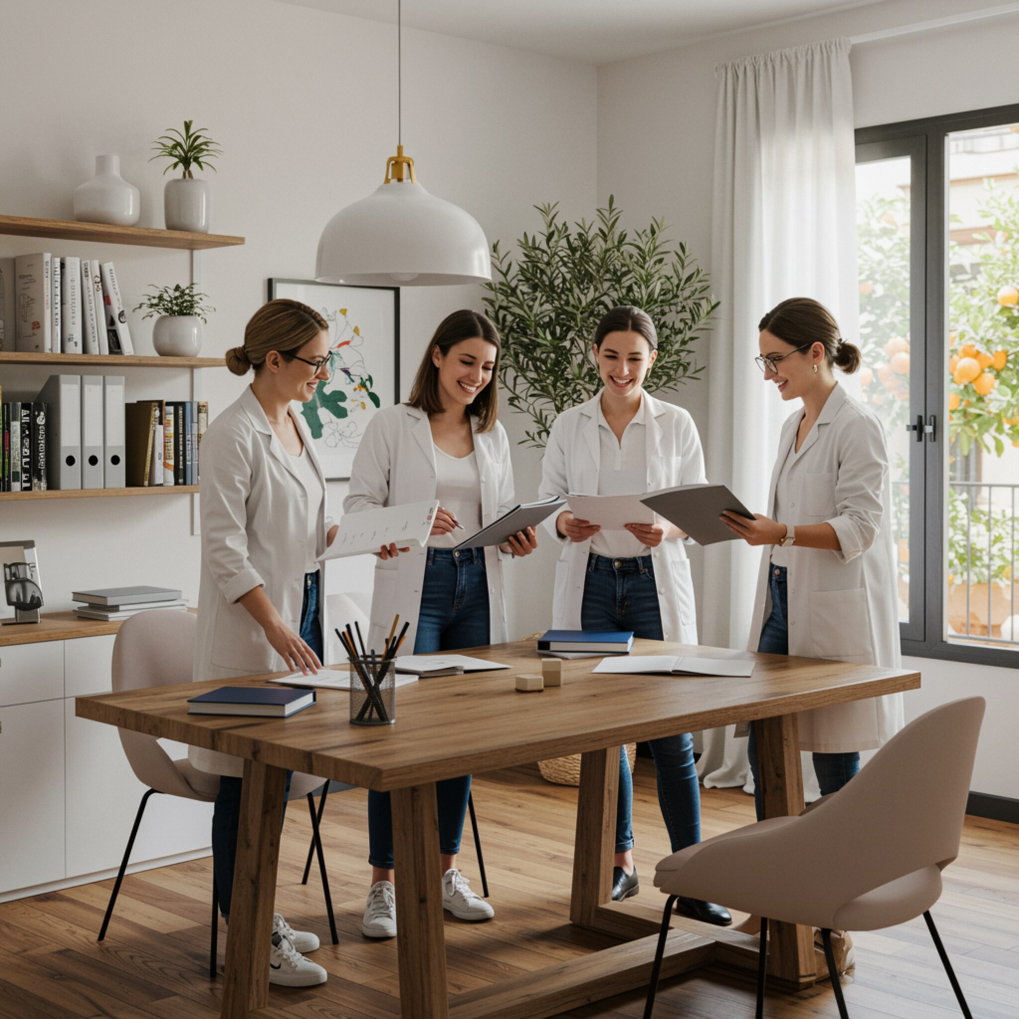 imagen2 1 "Psicólogos colaborando en un moderno centro de terapia en Sevilla, revisando casos y fomentando un ambiente de apoyo y profesionalismo."